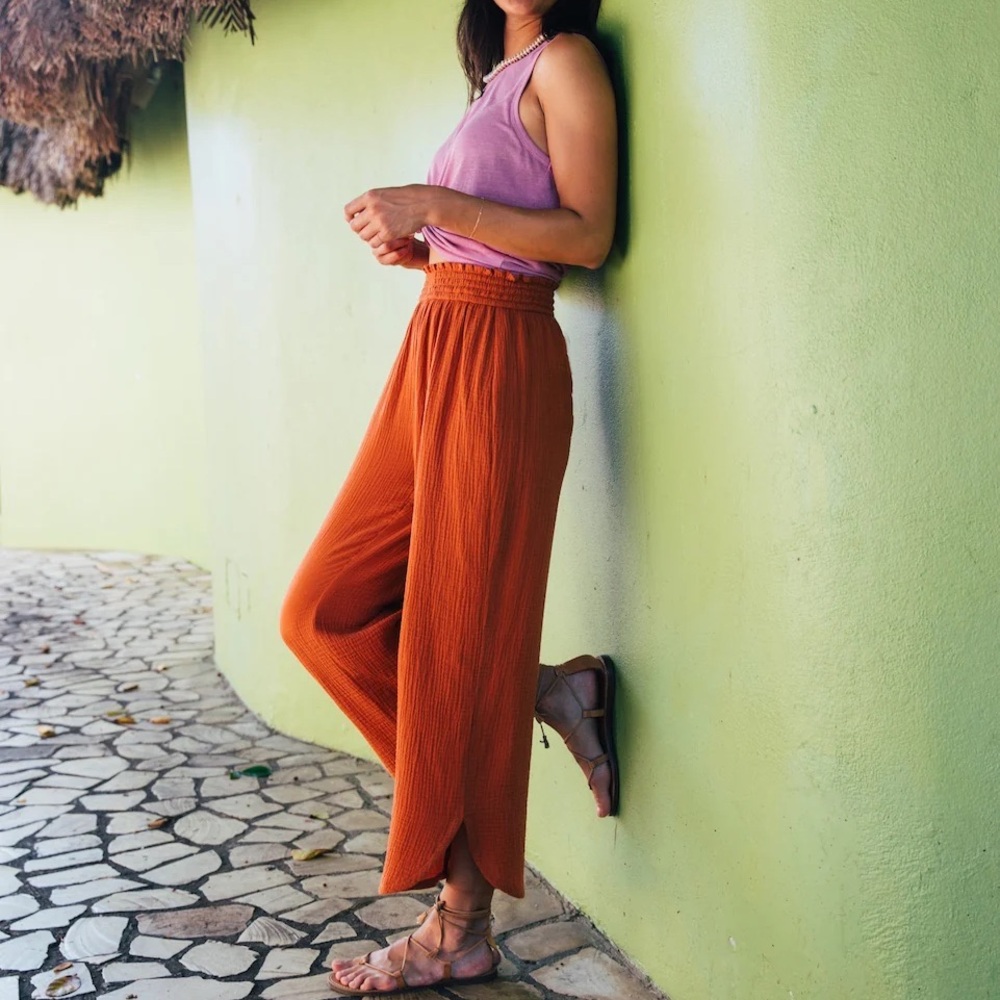 MARINE LAYER Corinne Wide Leg Pants Double Gauze Cotton Color Burnt Sienna Sz XL